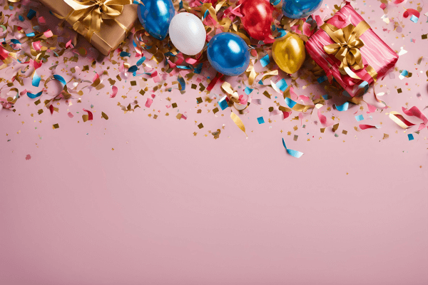 Ballons gonflables, confettis et cadeaux d'anniversaire